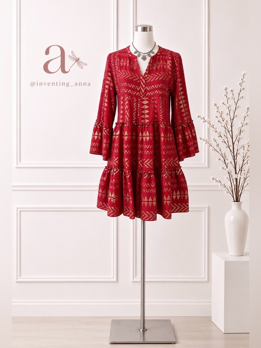 Elan Red Gold Metallic Tiered Ruffle Bell Sleeve Boho Dress size S
